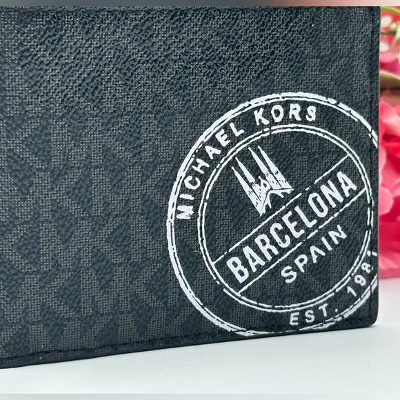 Michael Kors Men’s  Monogram Barcelona Billfold Wallet Black Scarlet - Picture 2 of 13